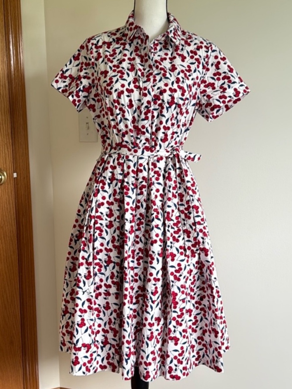 Donna Morgan Sz 16 Dress Retro Cherry Cherries A-line Stretch Belted Preppy